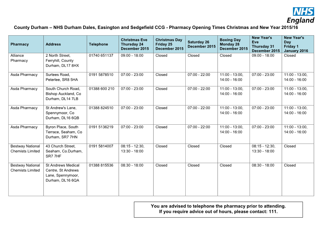 You Are Advised to Telephone the Pharmacy Prior to Attending. If You Require Advice out of Hours, Please Contact: 111. County Du