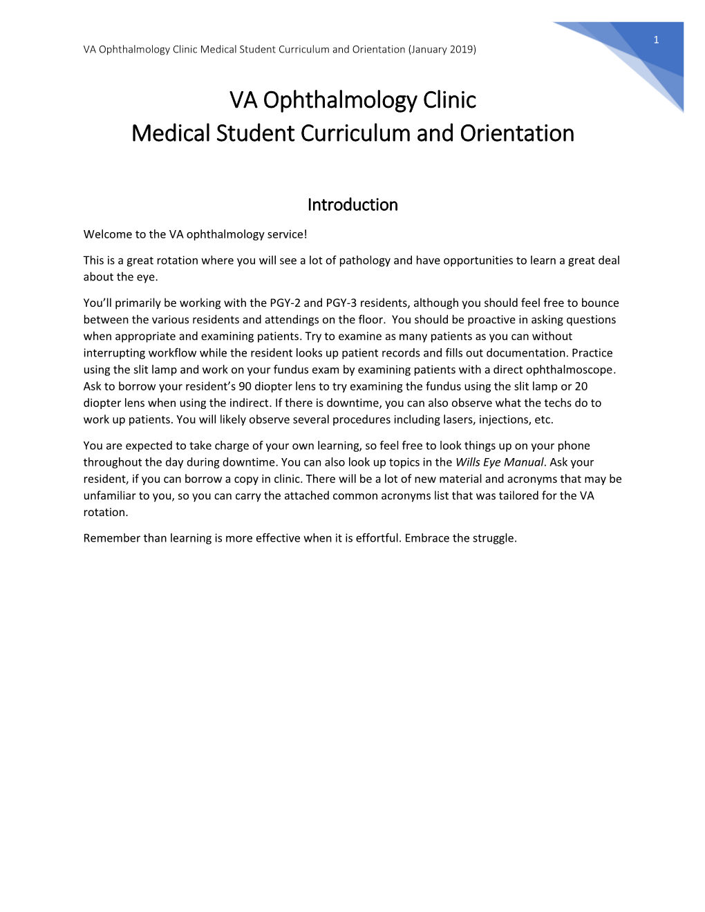 VA Ophthalmology Clinic Medical Student Curriculum and Orientation (January 2019)