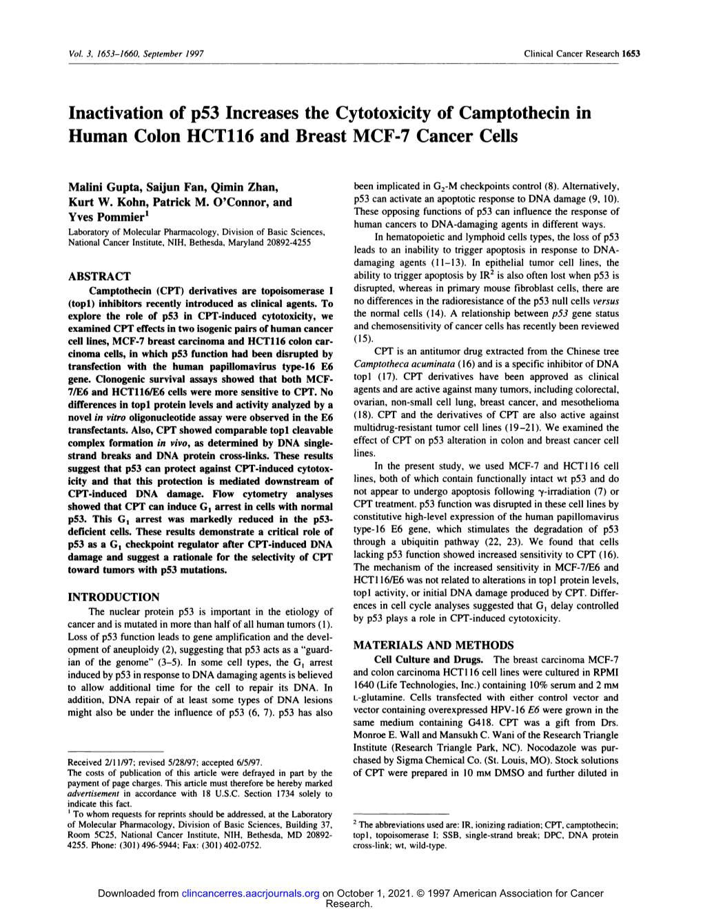 Inactivation of P53 Increases the Cytotoxicity of Camptothecin in Human Colon HCT116 and Breast MCF-7 Cancer Cells