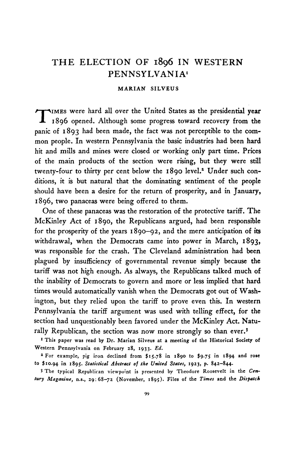 The Election of 1896 in Western Pennsylvania1