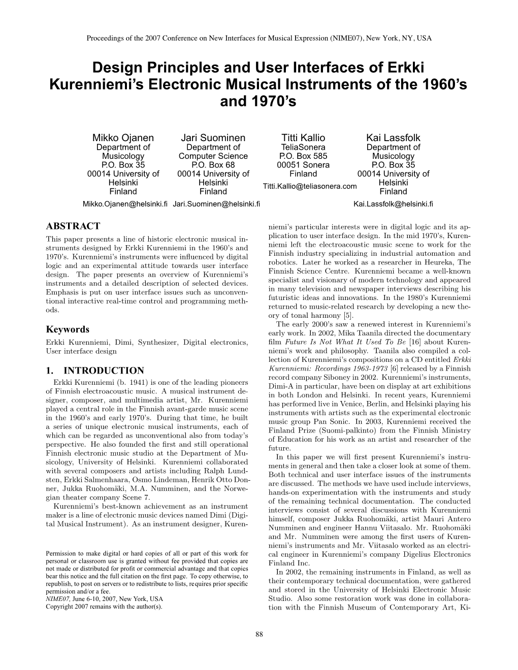 Design Principles and User Interfaces of Erkki Kurenniemi's Electronic Musical Instruments of the 1960'S and 1970'S