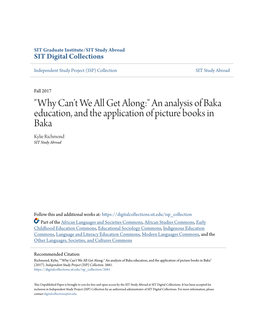 An Analysis of Baka Education, and the Application of Picture Books in Baka Kylie Richmond SIT Study Abroad