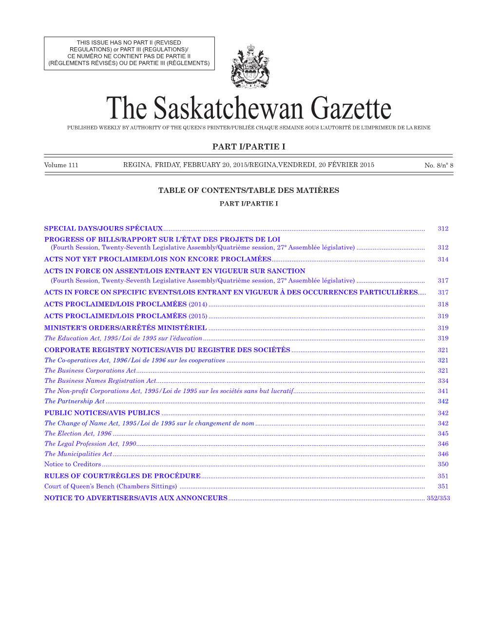 THE SASKATCHEWAN GAZETTE, February 20, 2015