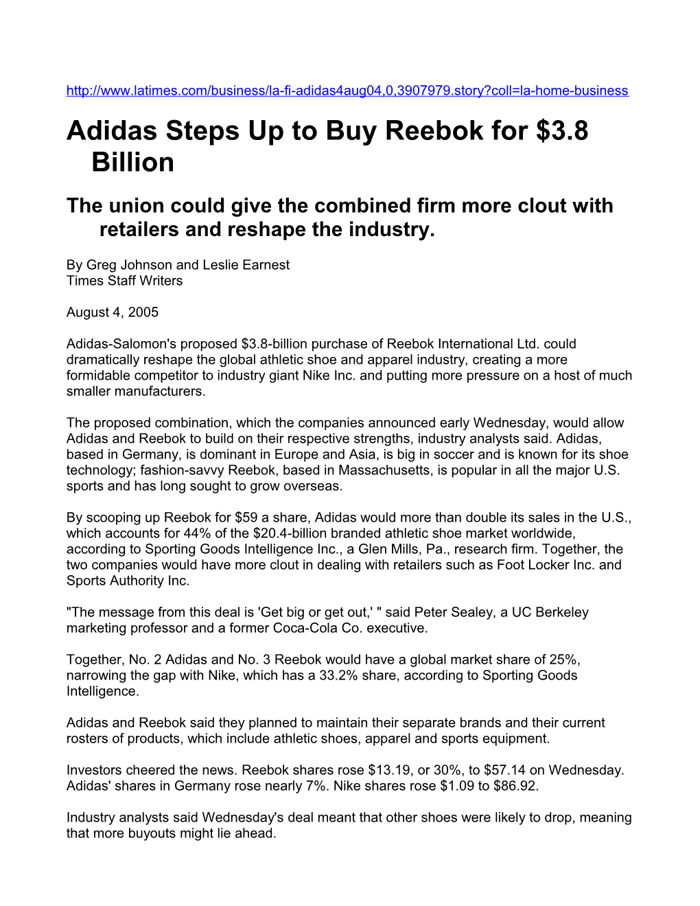 Adidas Steps up to Buy Reebok for $3.8 Billion