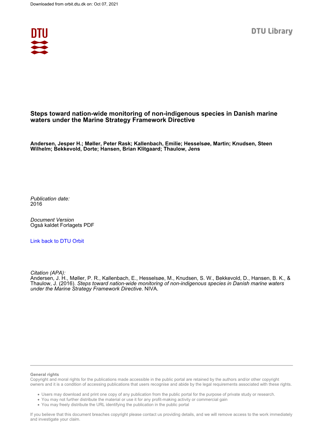 Steps Toward Nation-Wide Monitoring of Non-Indigenous Species in Danish Marine Waters Under the Marine Strategy Framework Directive