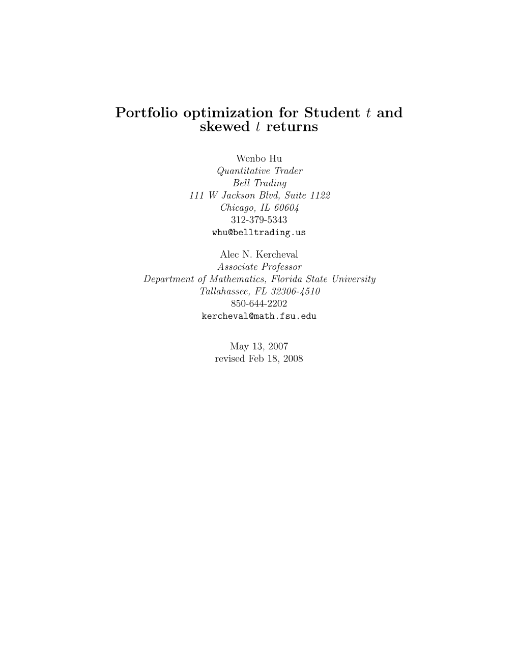 Portfolio Optimization for Student T and Skewed T Returns