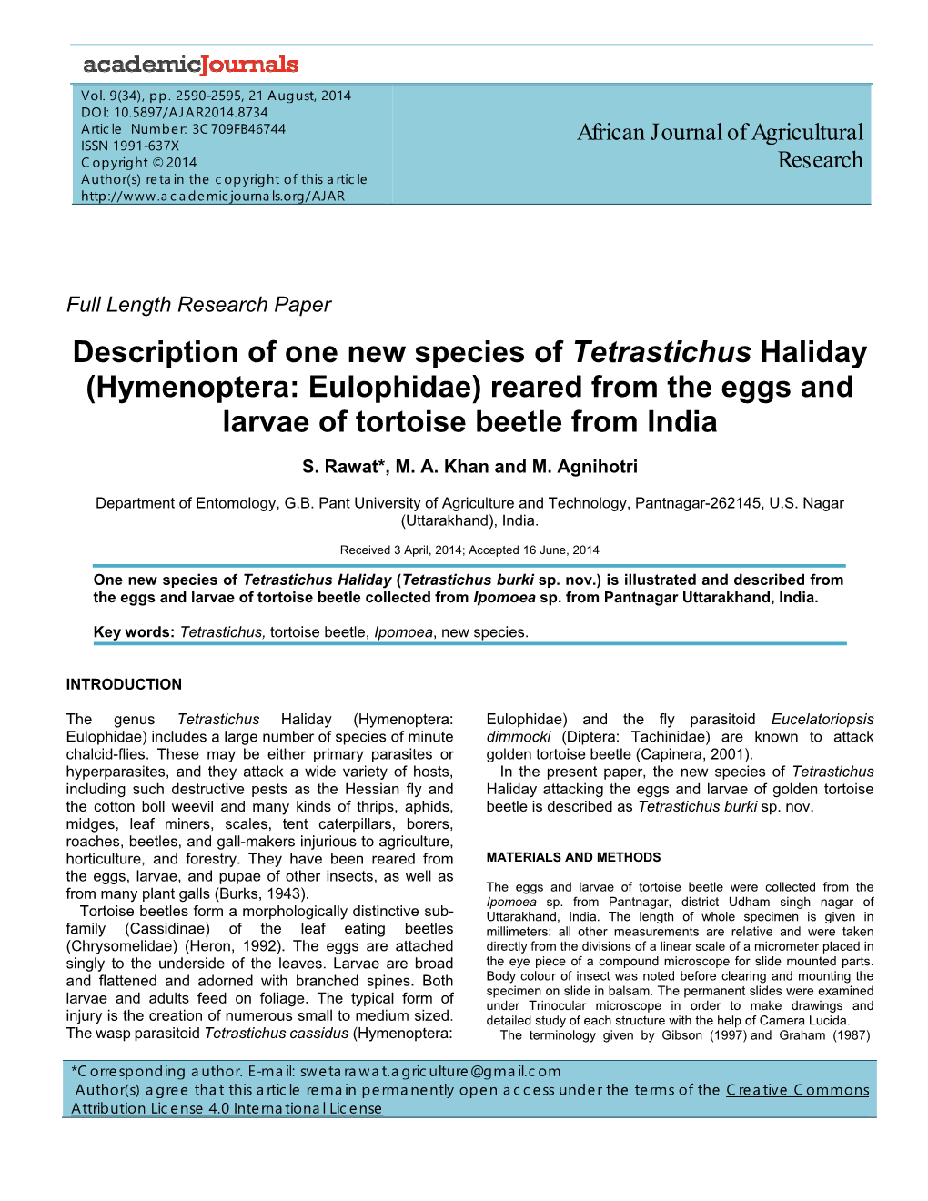 Hymenoptera: Eulophidae) Reared from the Eggs and Larvae of Tortoise Beetle from India