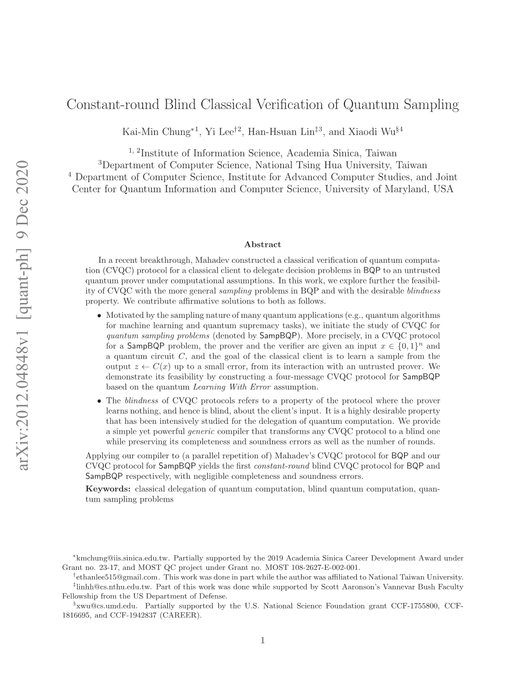 Constant-Round Blind Classical Verification of Quantum Sampling