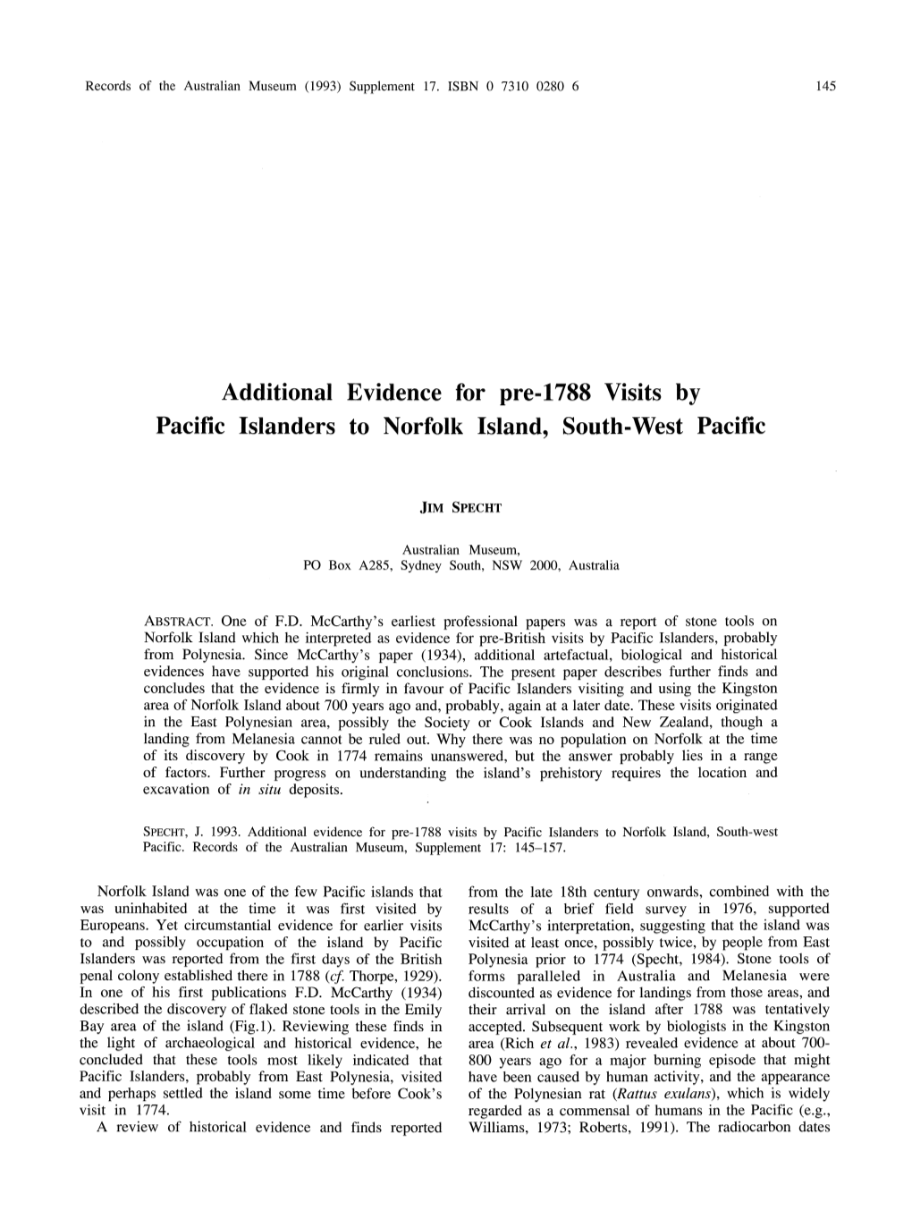 Additional Evidence for Pre-1788 Visits by Pacific Islanders to Norfolk Island, South-West Pacific