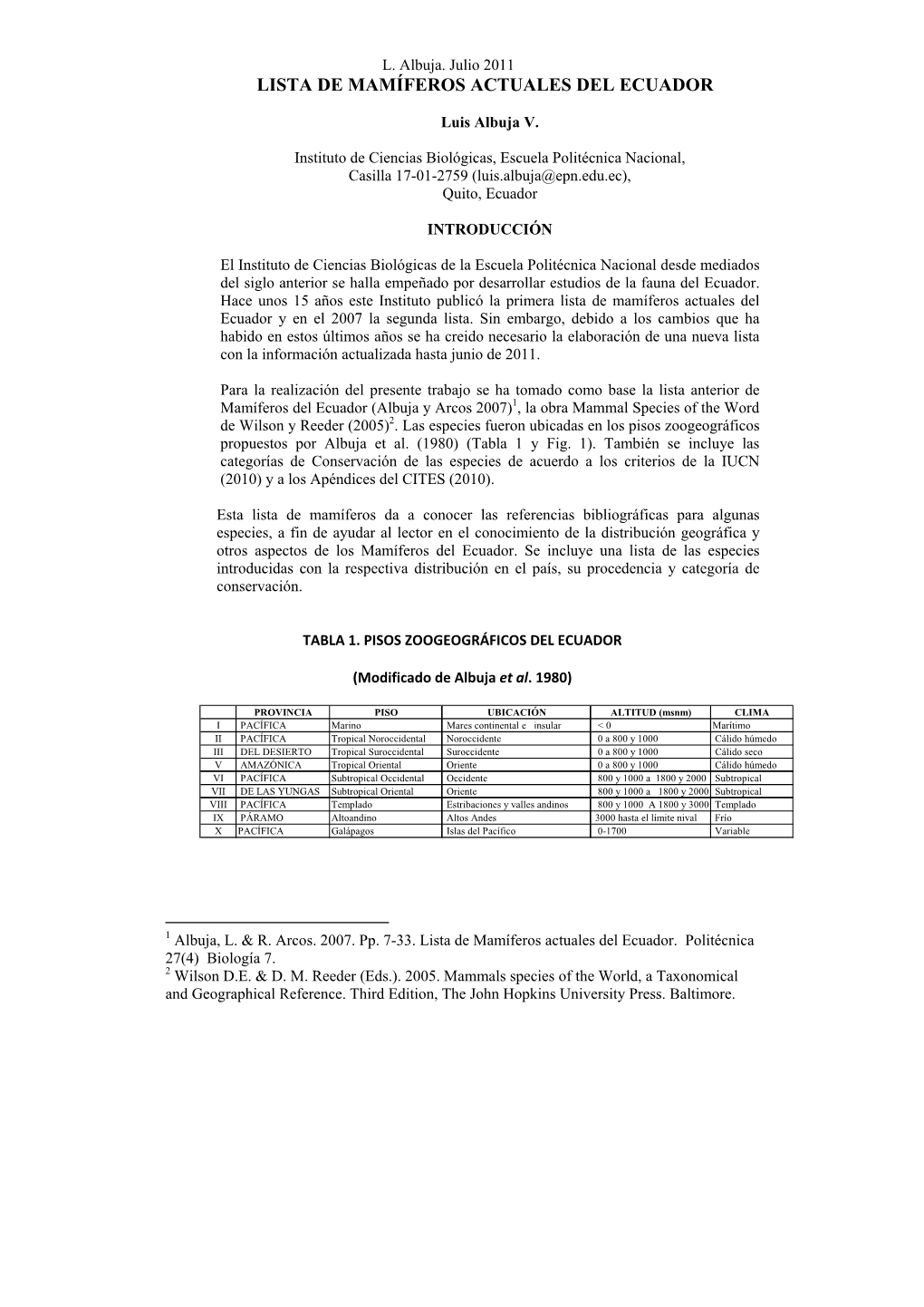 Lista De Mamíferos Actuales Del Ecuador