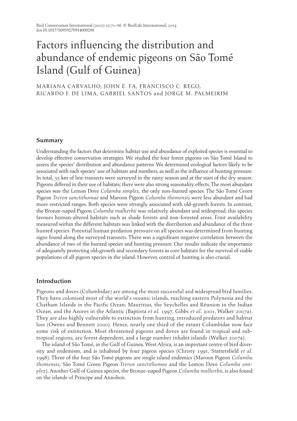 Factors Influencing the Distribution and Abundance of Endemic Pigeons on São Tomé Island (Gulf of Guinea)