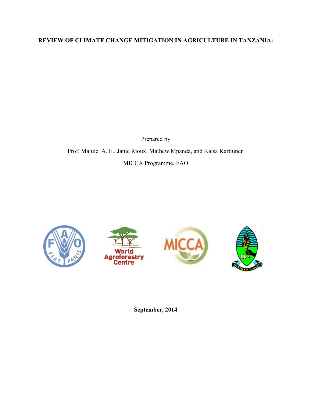 Review of Climate Change Mitigation in Agriculture in Tanzania