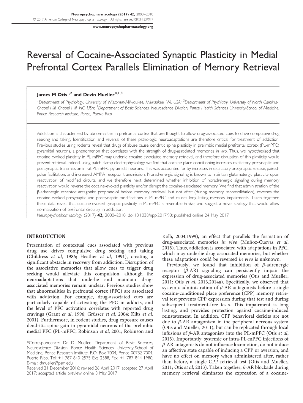 Reversal of Cocaine-Associated Synaptic Plasticity in Medial Prefrontal Cortex Parallels Elimination of Memory Retrieval