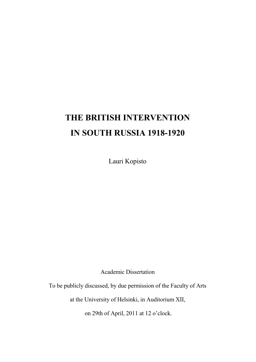 The British Intervention in South Russia 1918-1920