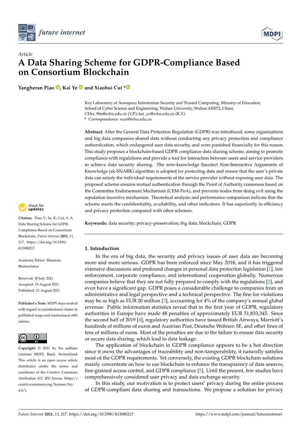 A Data Sharing Scheme for GDPR-Compliance Based on Consortium Blockchain