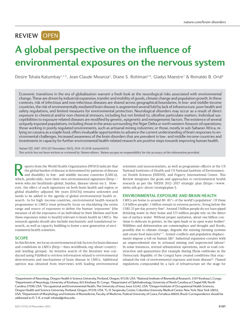 A Global Perspective on the Influence of Environmental Exposures on the Nervous System