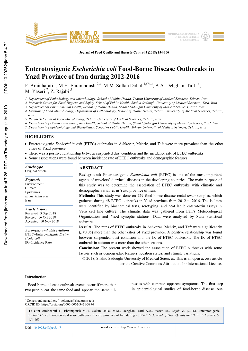 Enterotoxigenic Escherichia Coli Food-Borne Disease Outbreaks in Yazd Province of Iran During 2012-2016 F