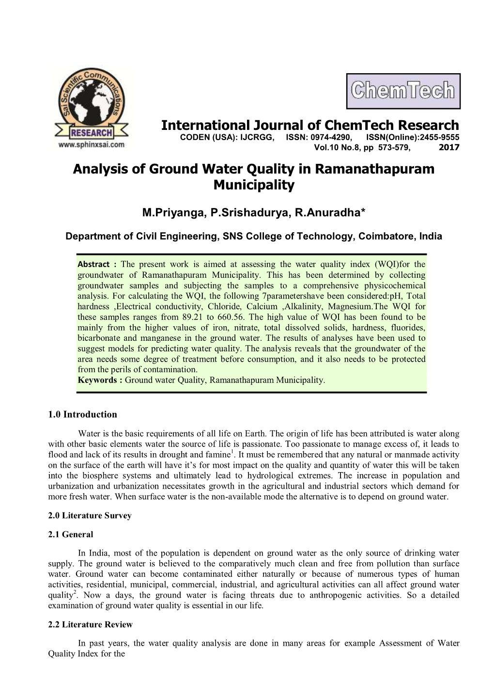 Analysis of Ground Water Quality in Ramanathapuram Municipality