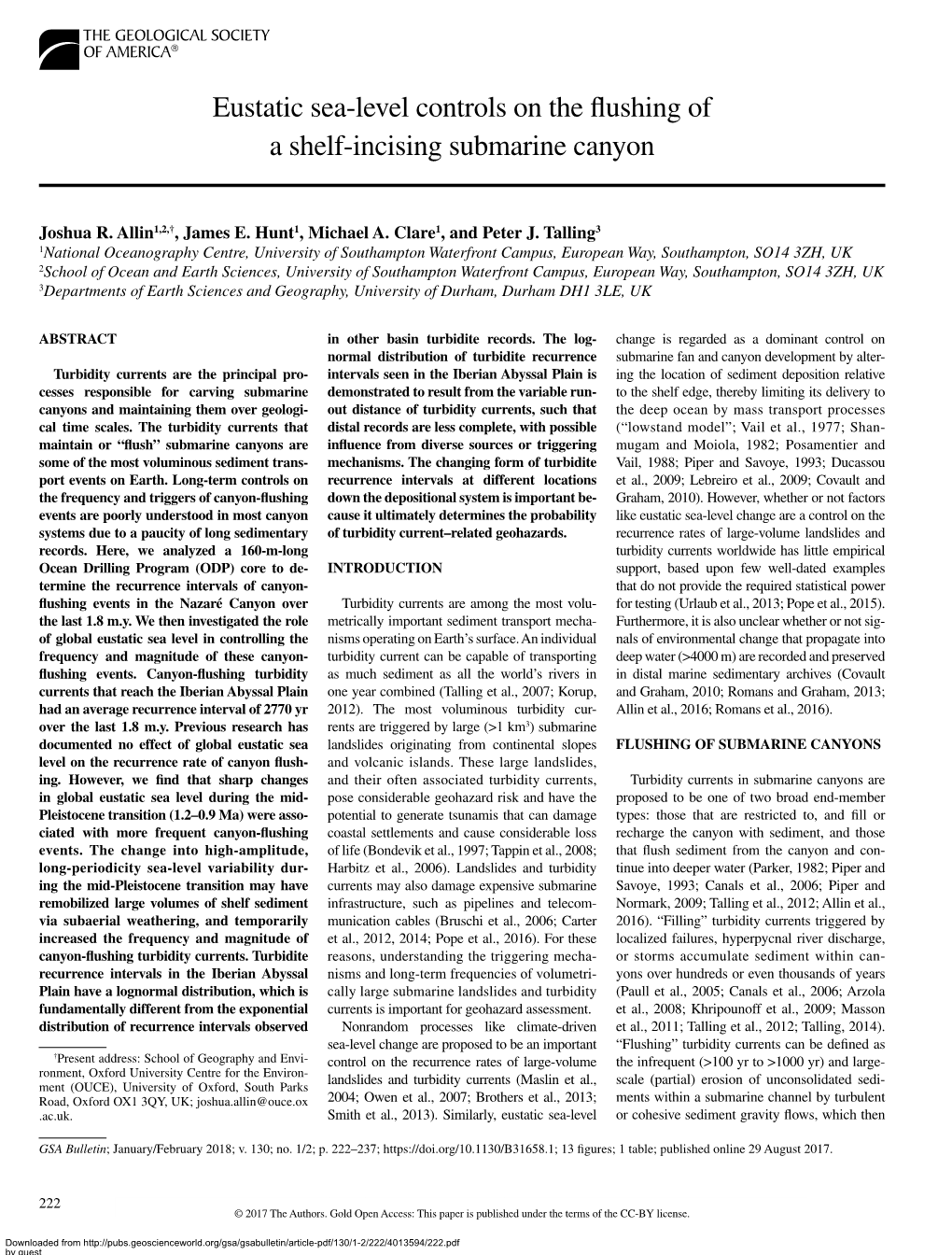 Eustatic Sea-Level Controls on the Flushing of a Shelf-Incising Submarine Canyon