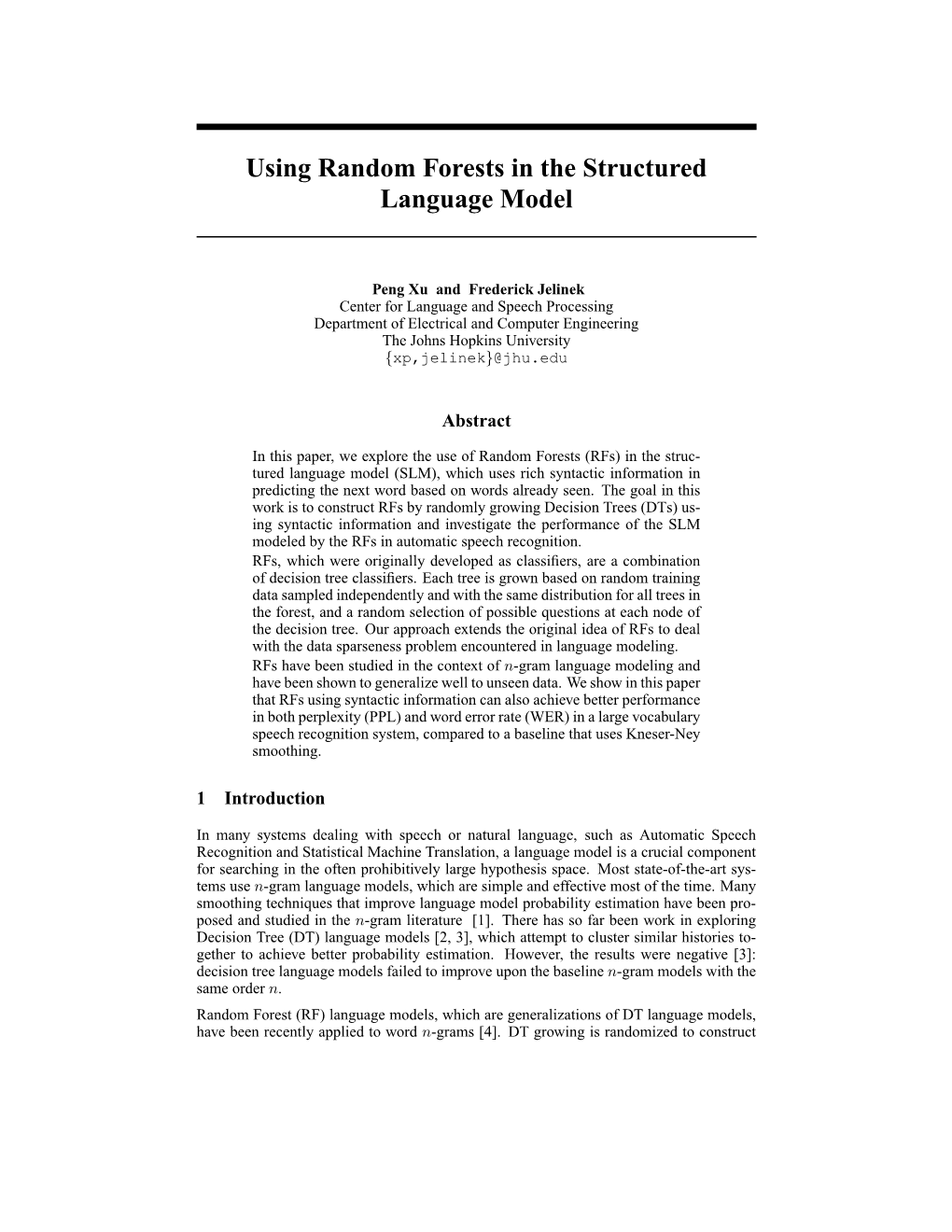 Using Random Forests in the Structured Language Model