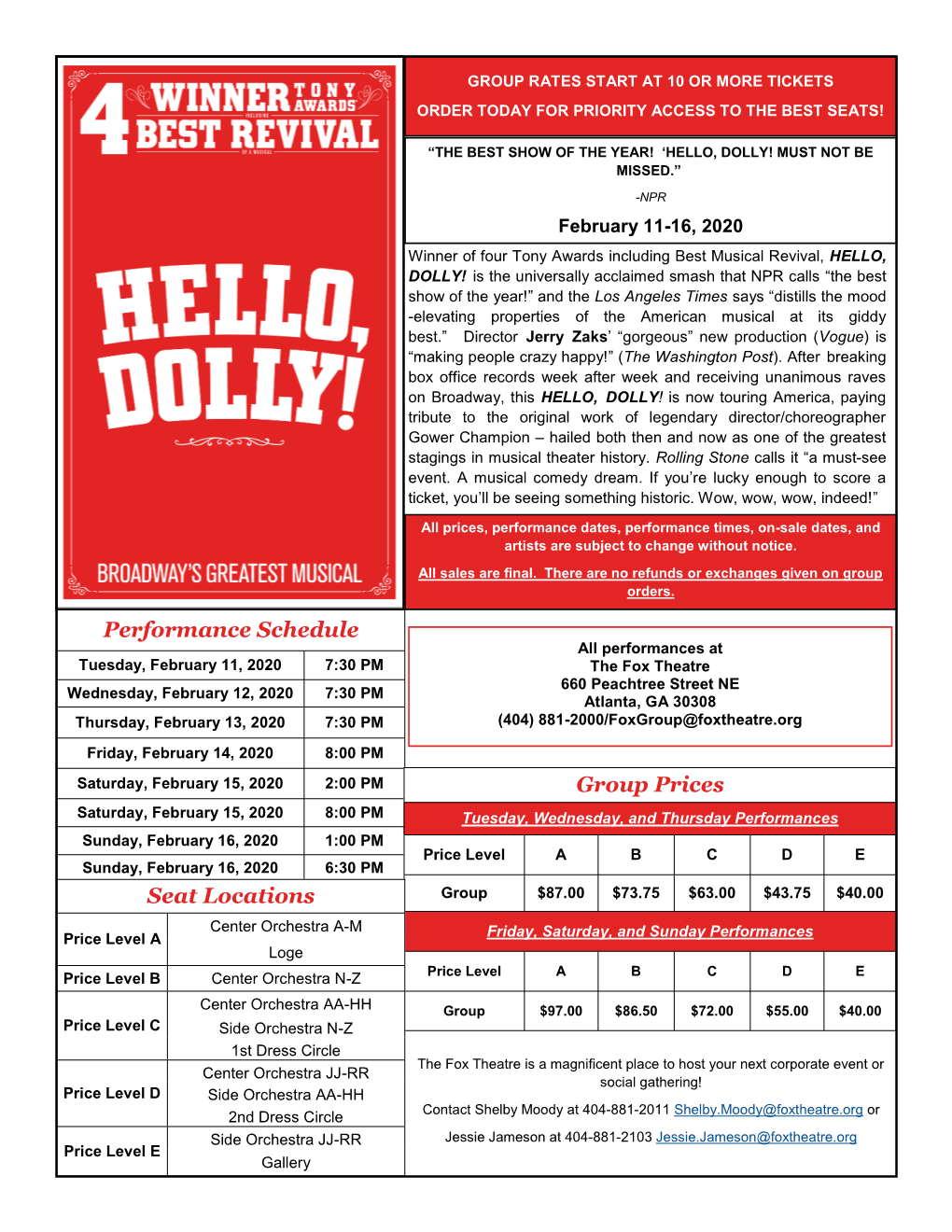 Performance Schedule Group Prices Seat Locations