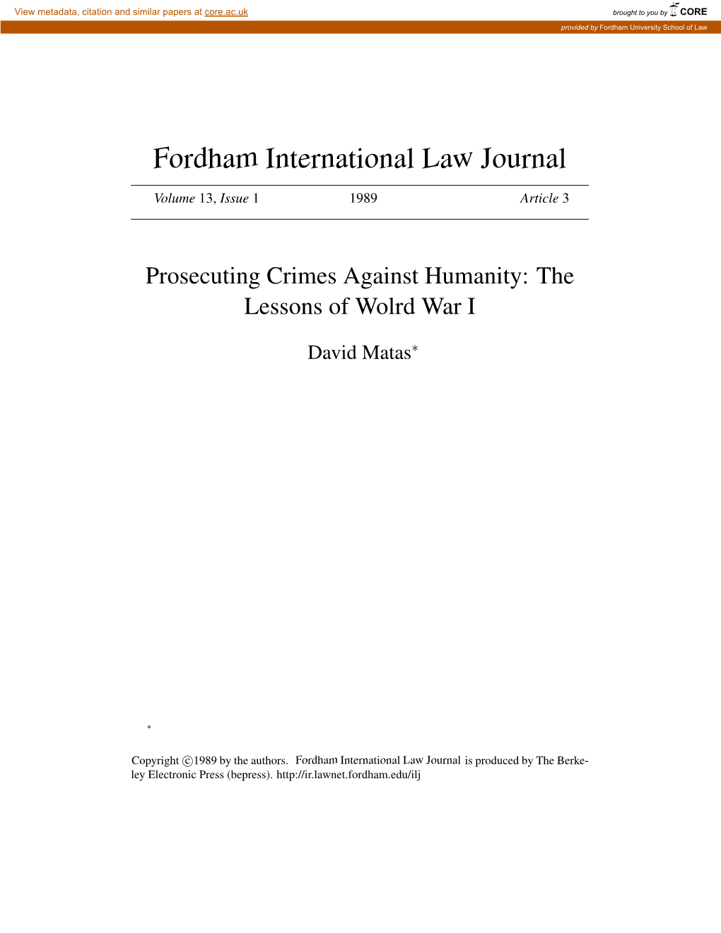 Prosecuting Crimes Against Humanity: the Lessons of Wolrd War I