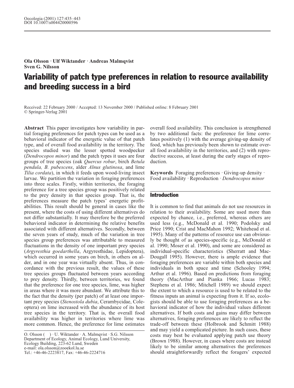 Variability of Patch Type Preferences in Relation to Resource Availability and Breeding Success in a Bird