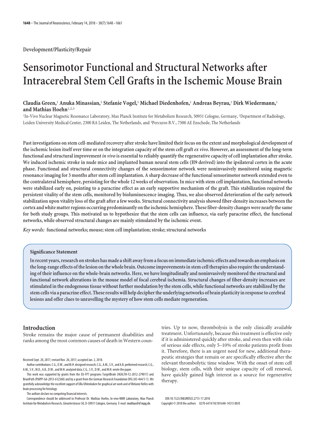 Sensorimotor Functional and Structural Networks After Intracerebral Stem Cell Grafts in the Ischemic Mouse Brain