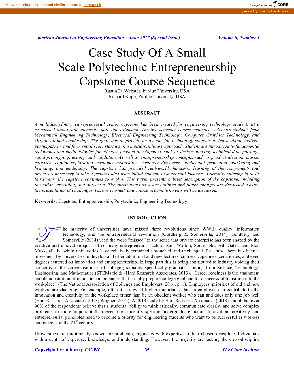 Case Study of a Small Scale Polytechnic Entrepreneurship Capstone Course Sequence Rustin D