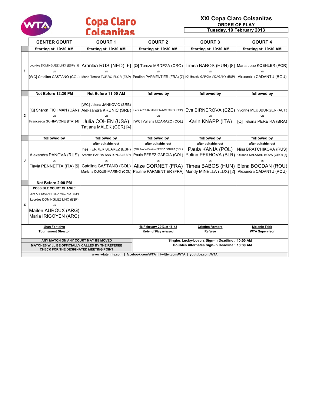 XXI Copa Claro Colsanitas ORDER of PLAY Tuesday, 19 February 2013