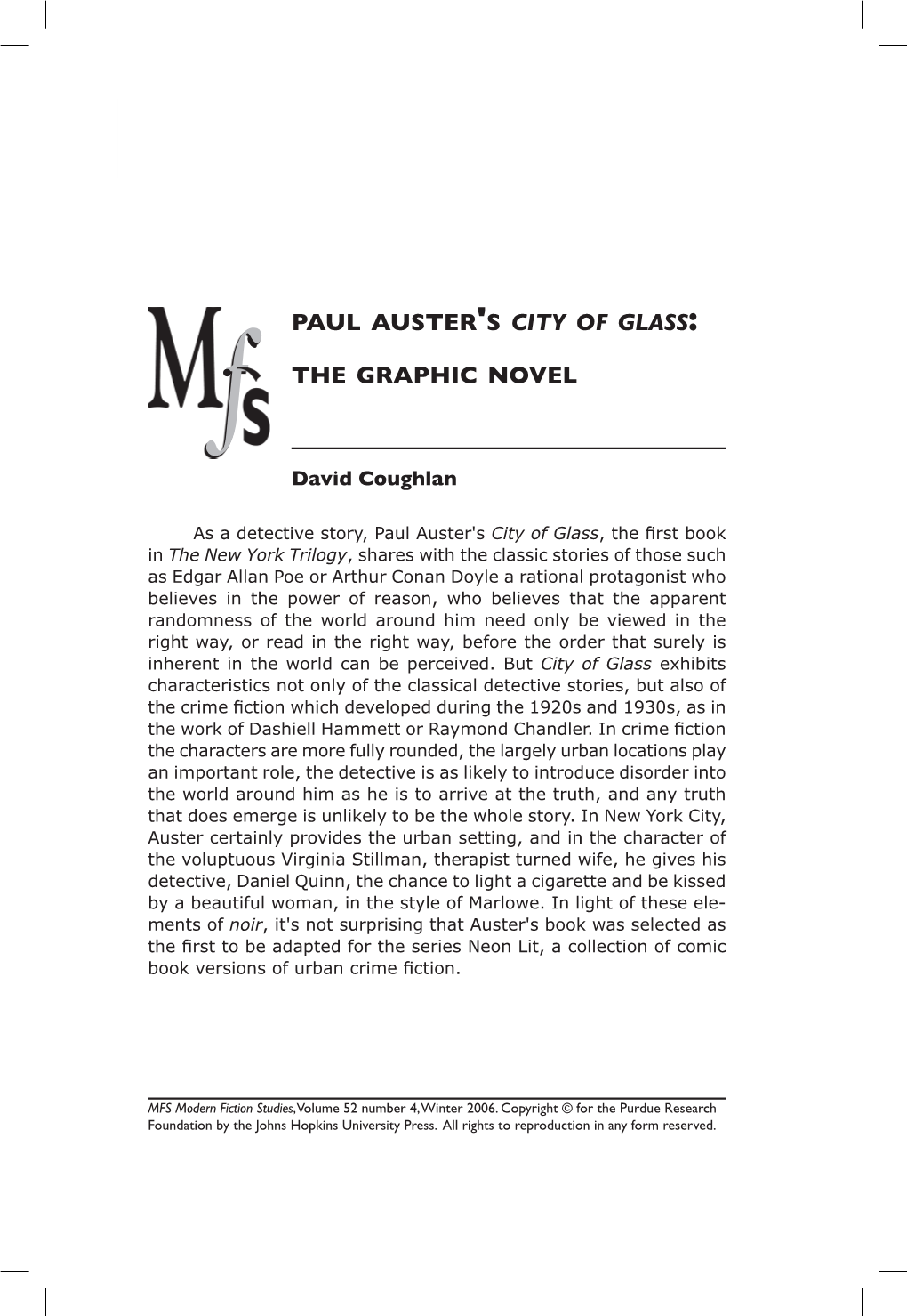 PAUL AUSTER 'S City of Glass the GRAPHIC NOVEL