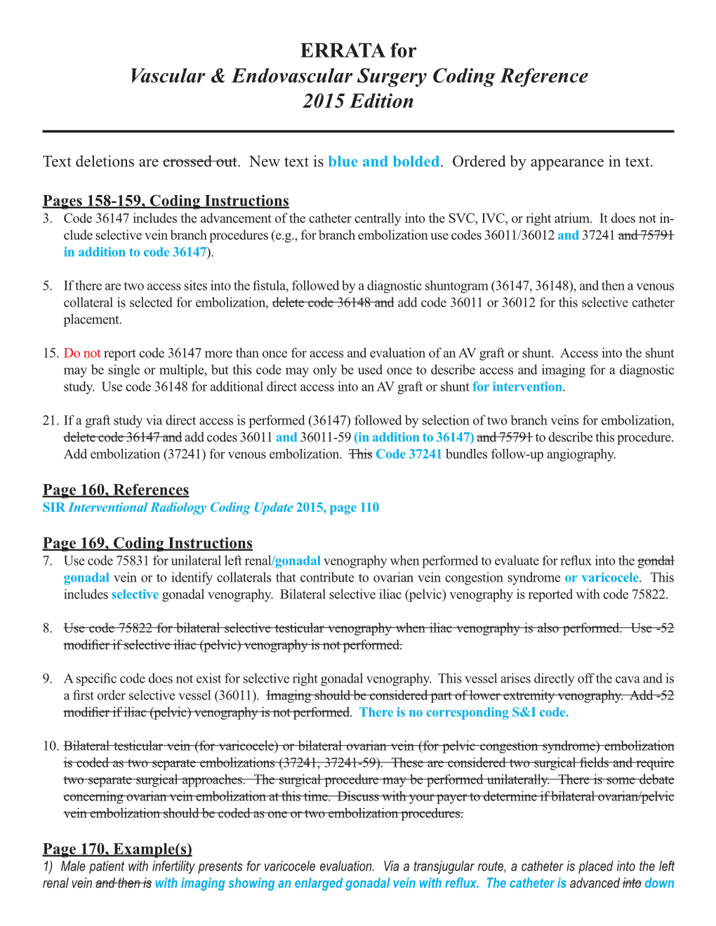 ERRATA for Vascular & Endovascular Surgery Coding Reference 2015