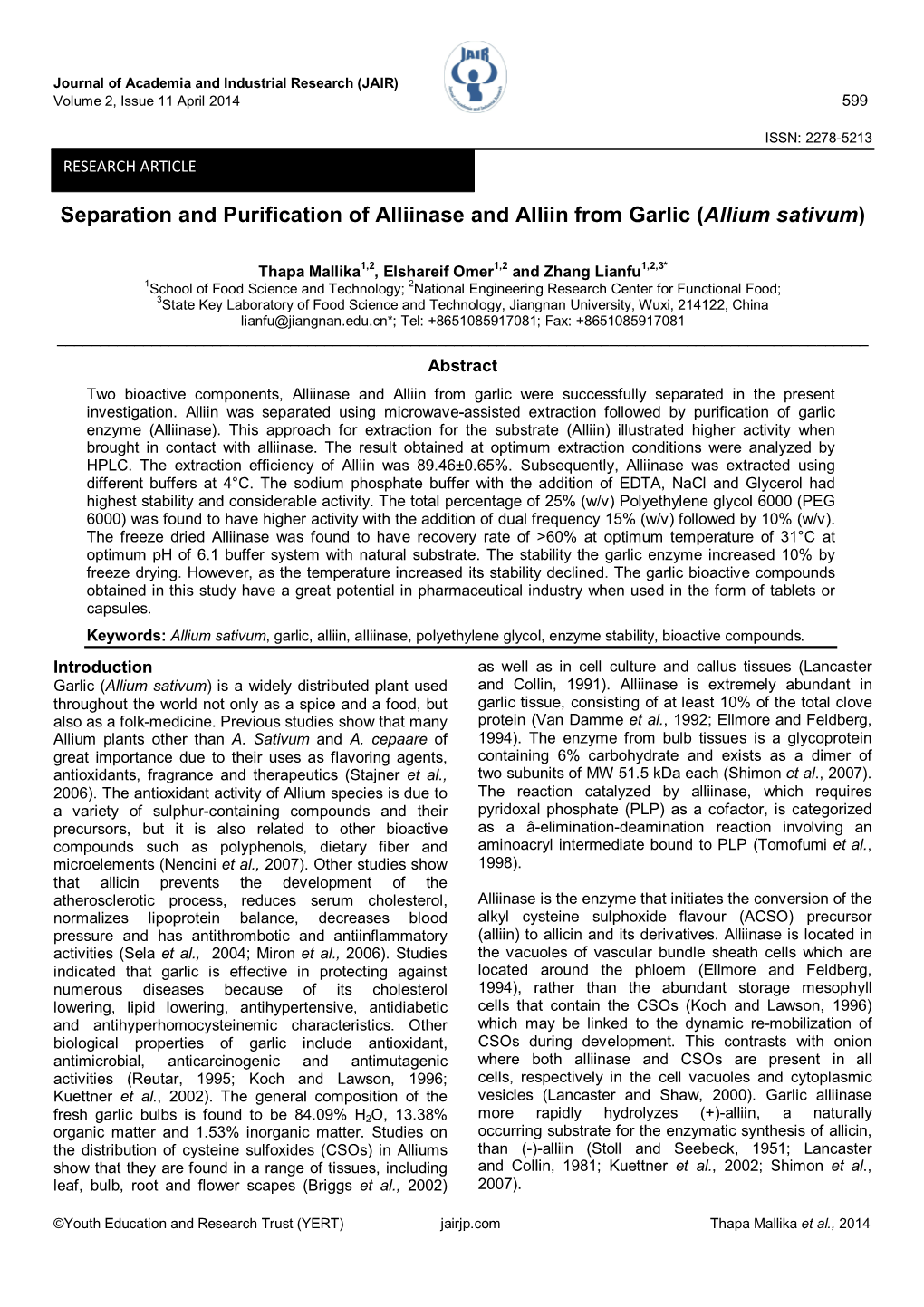 Separation and Purification of Alliinase and Alliin from Garlic (Allium Sativum)
