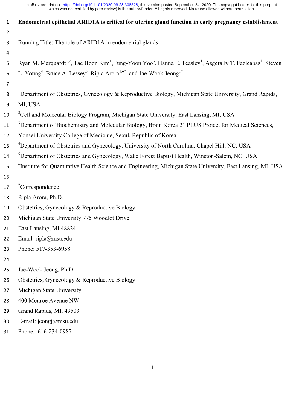 Endometrial Epithelial ARID1A Is Critical for Uterine Gland Function In