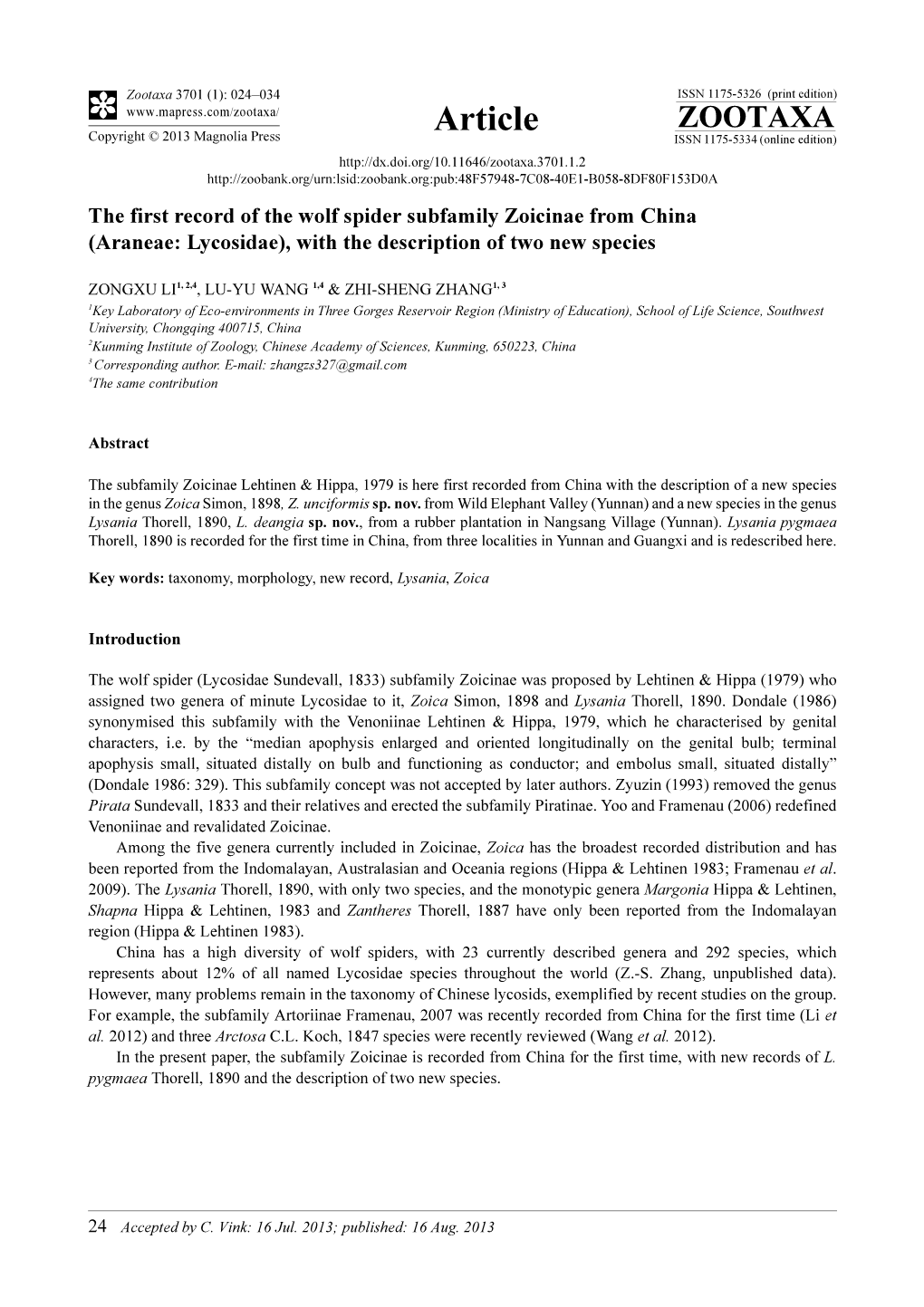 The First Record of the Wolf Spider Subfamily Zoicinae from China (Araneae: Lycosidae), with the Description of Two New Species