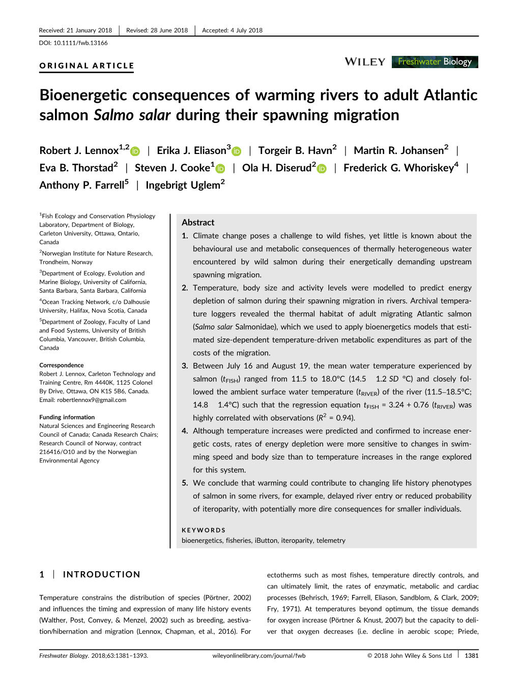 Bioenergetic Consequences of Warming Rivers to Adult Atlantic Salmon Salmo Salar During Their Spawning Migration
