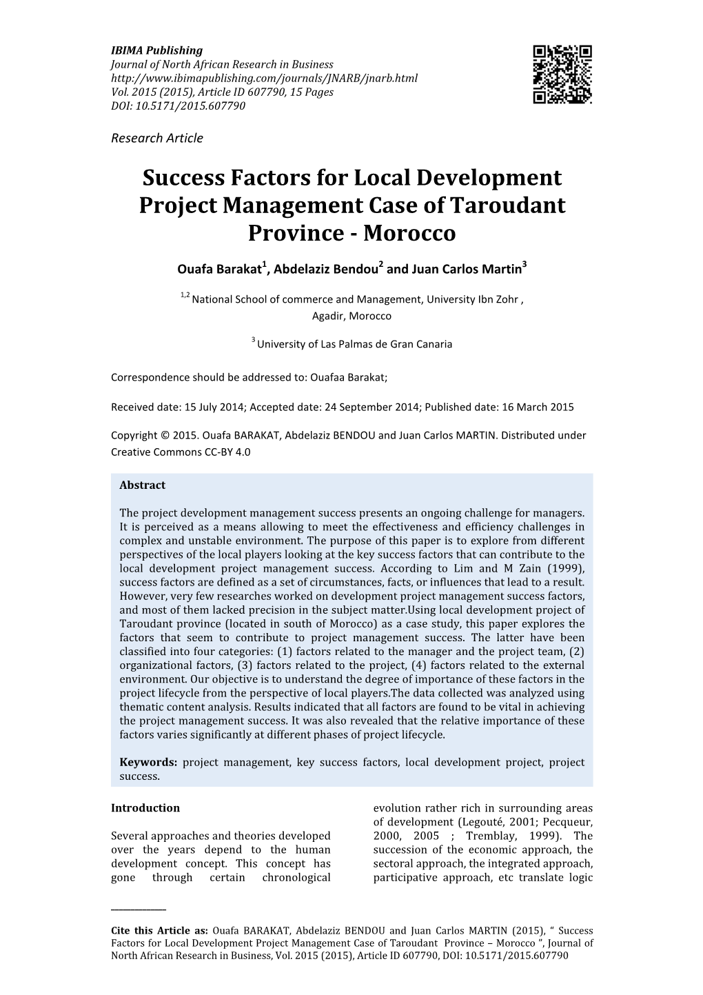 Success Factors for Local Development Project Management Case of Taroudant Province - Morocco