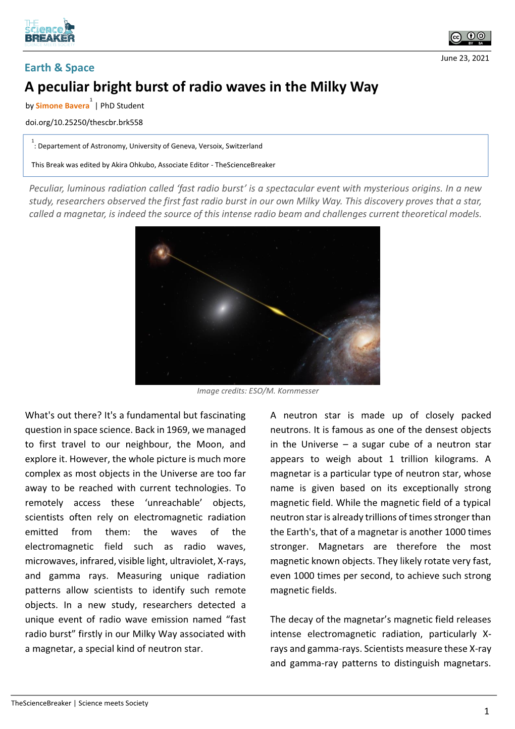 A Peculiar Bright Burst of Radio Waves in the Milky Way 1 by Simone Bavera | Phd Student Doi.Org/10.25250/Thescbr.Brk558