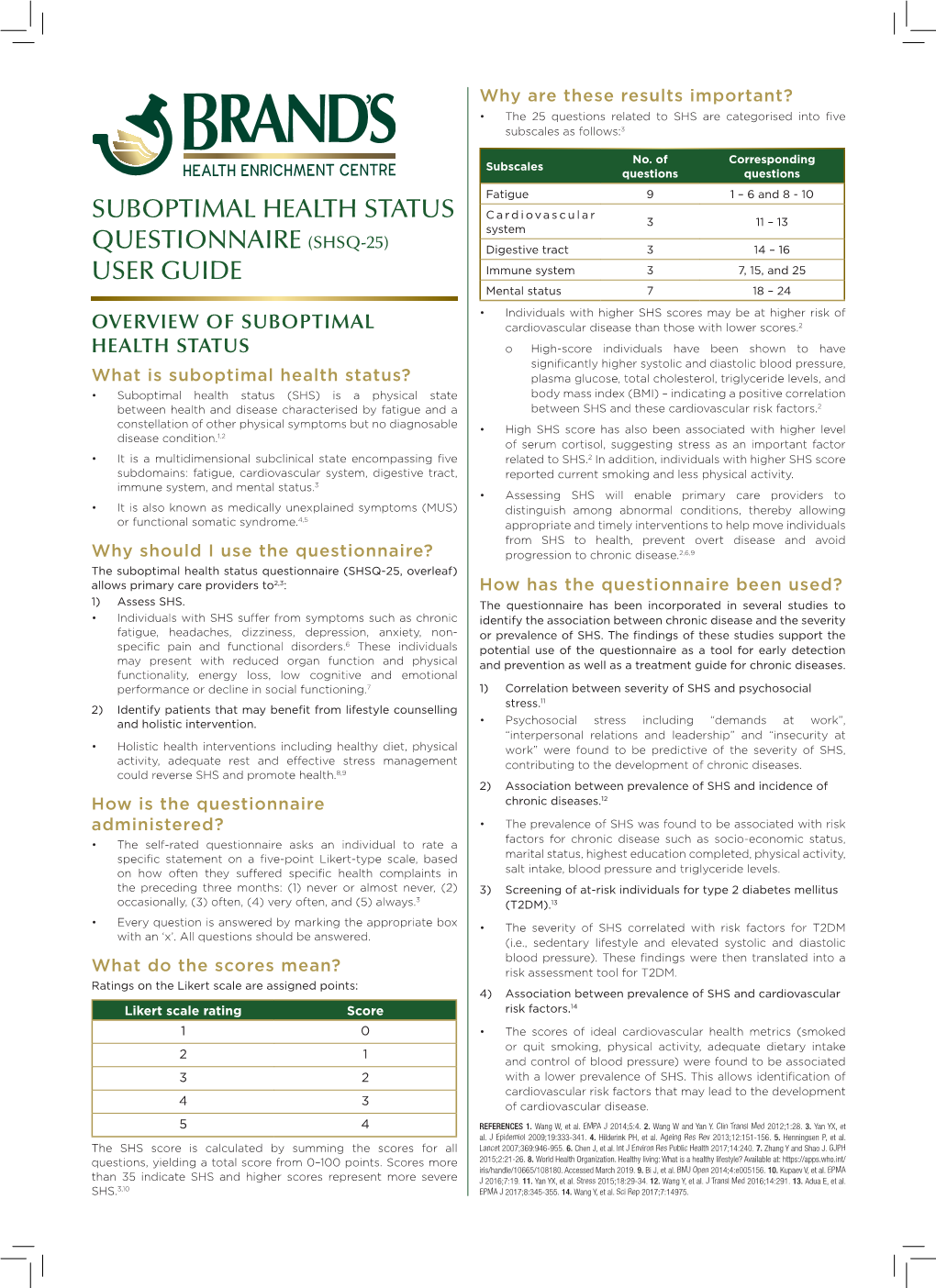 Suboptimal Health Status Questionnaire (SHSQ-25, Overleaf) Allows Primary Care Providers To2,3: How Has the Questionnaire Been Used? 1) Assess SHS