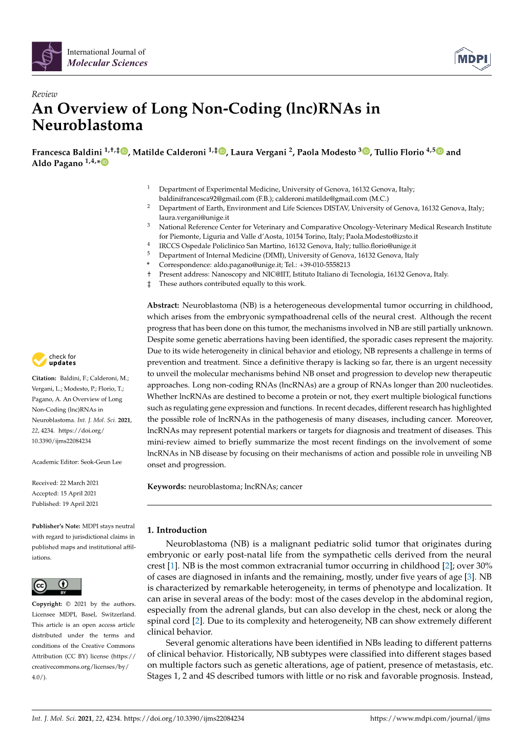 An Overview of Long Non-Coding (Lnc)Rnas in Neuroblastoma