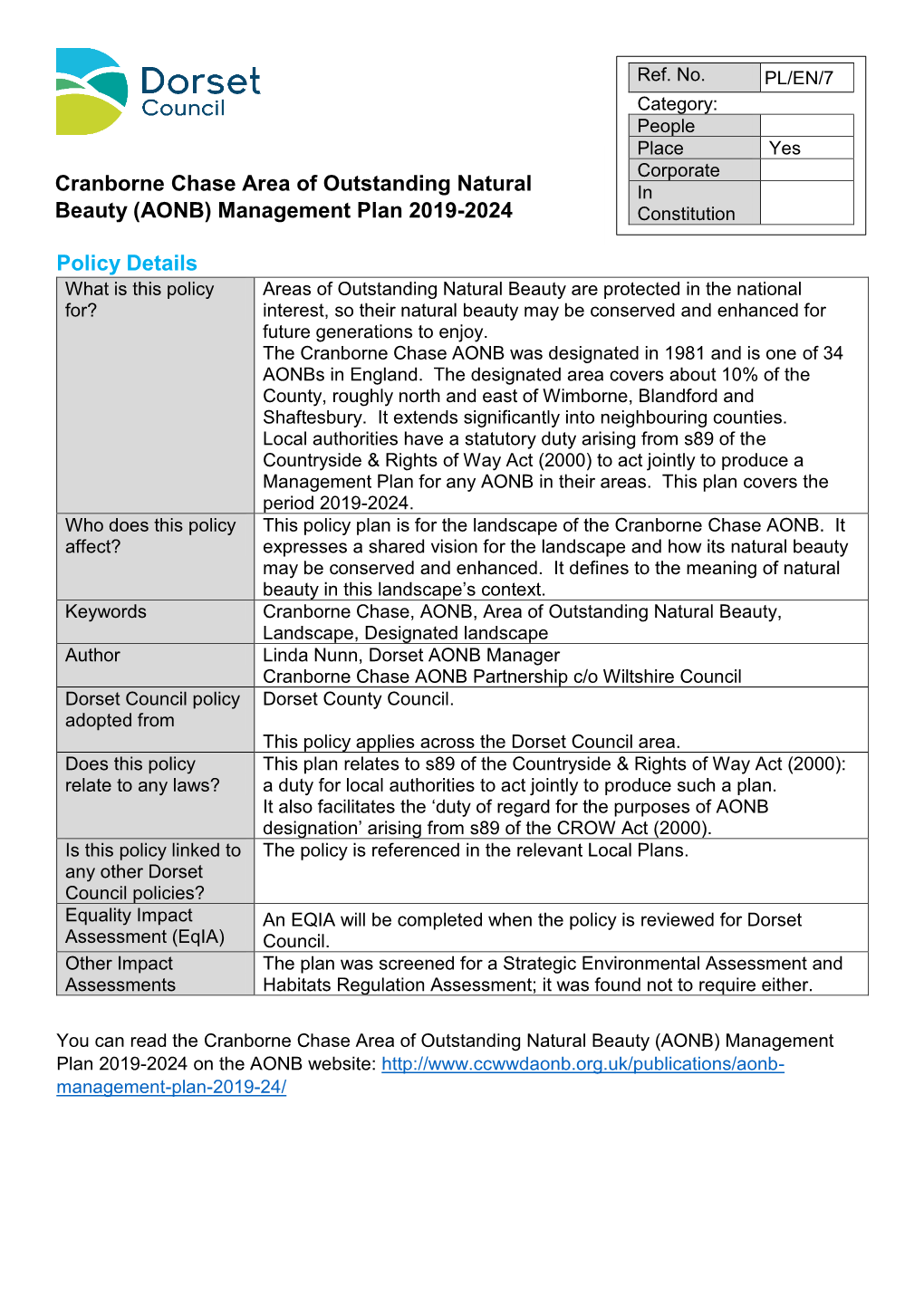 Cranborne Chase Area of Outstanding Natural Beauty Management Plan