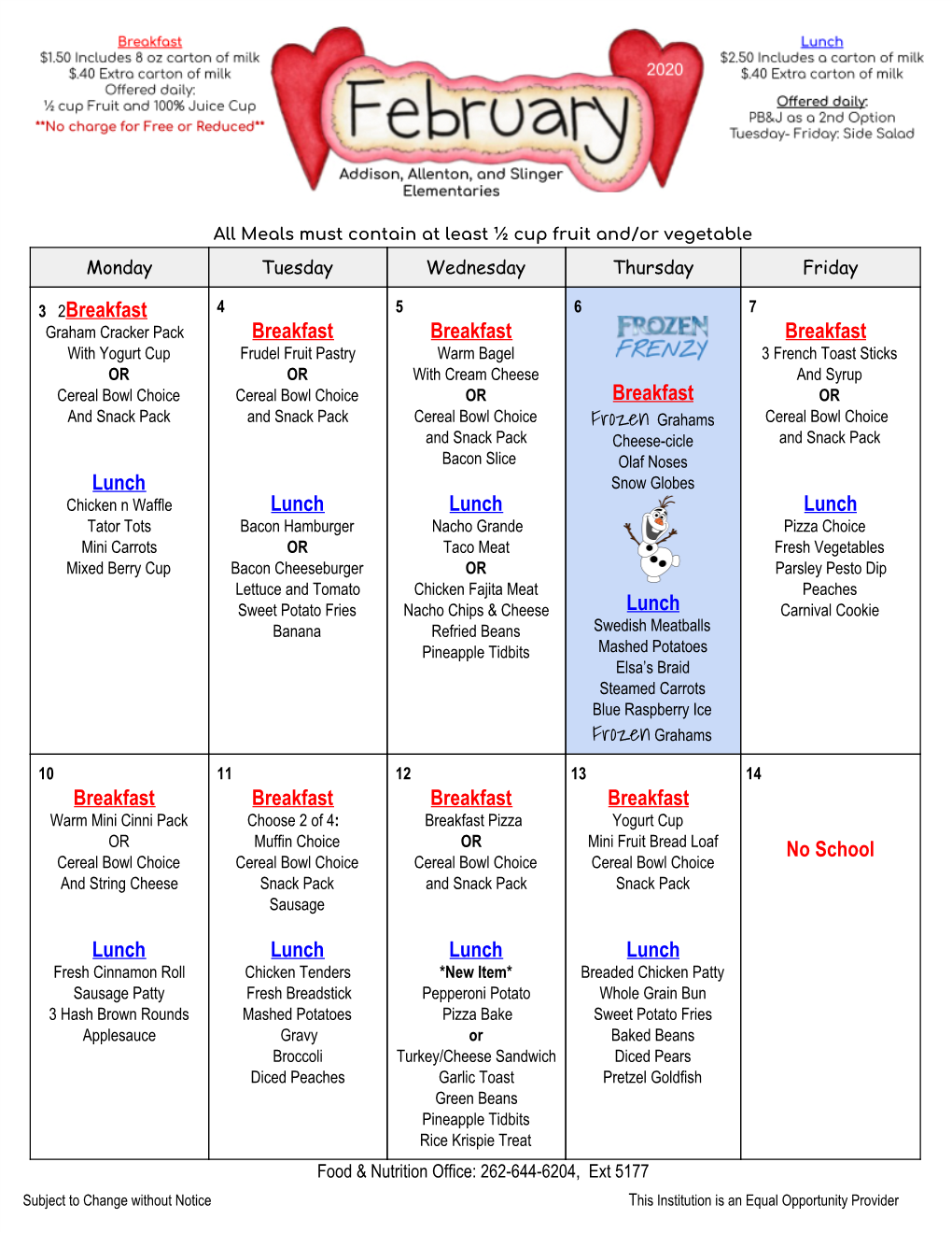 February 2020 Elementary Menu.Pdf