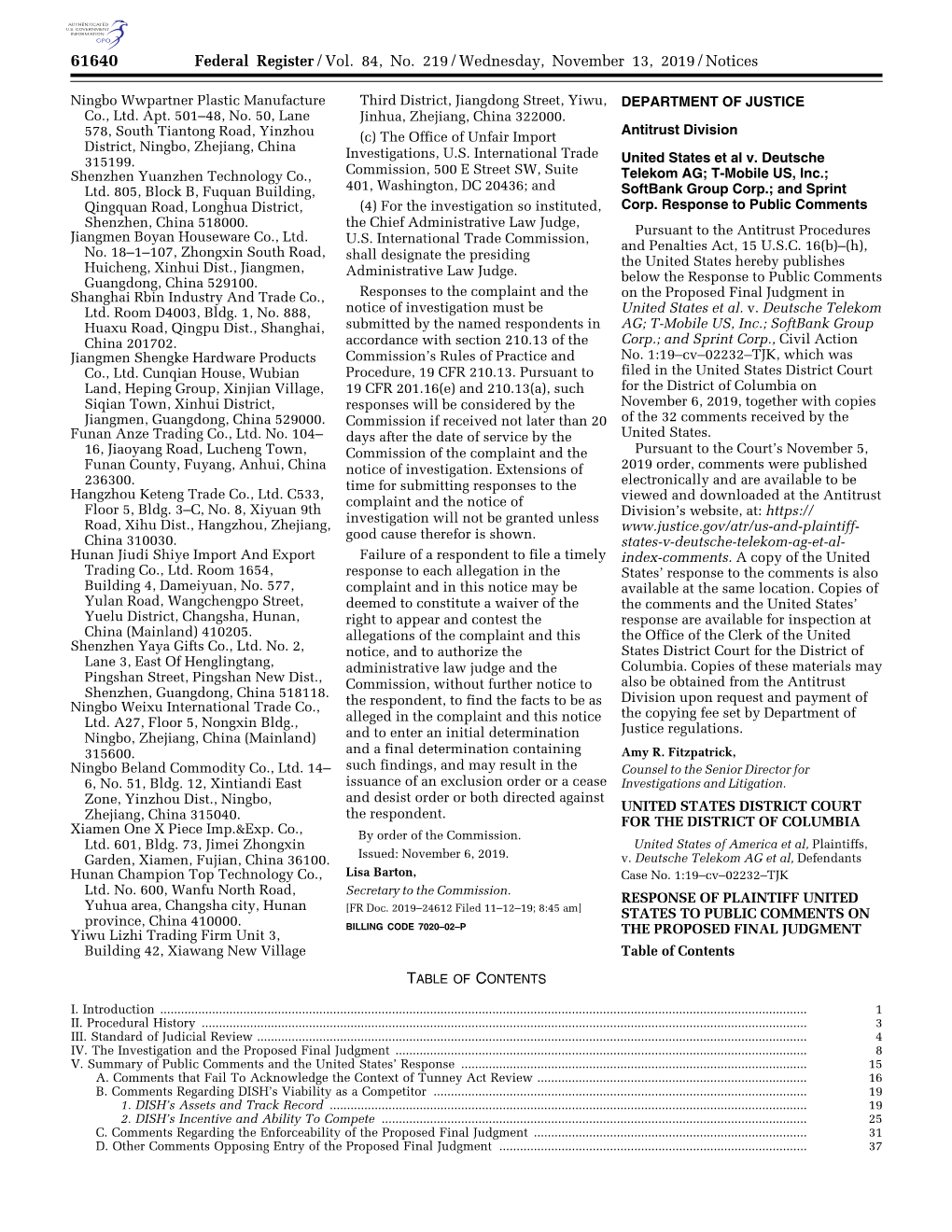 Federal Register/Vol. 84, No. 219/Wednesday, November 13, 2019/Notices