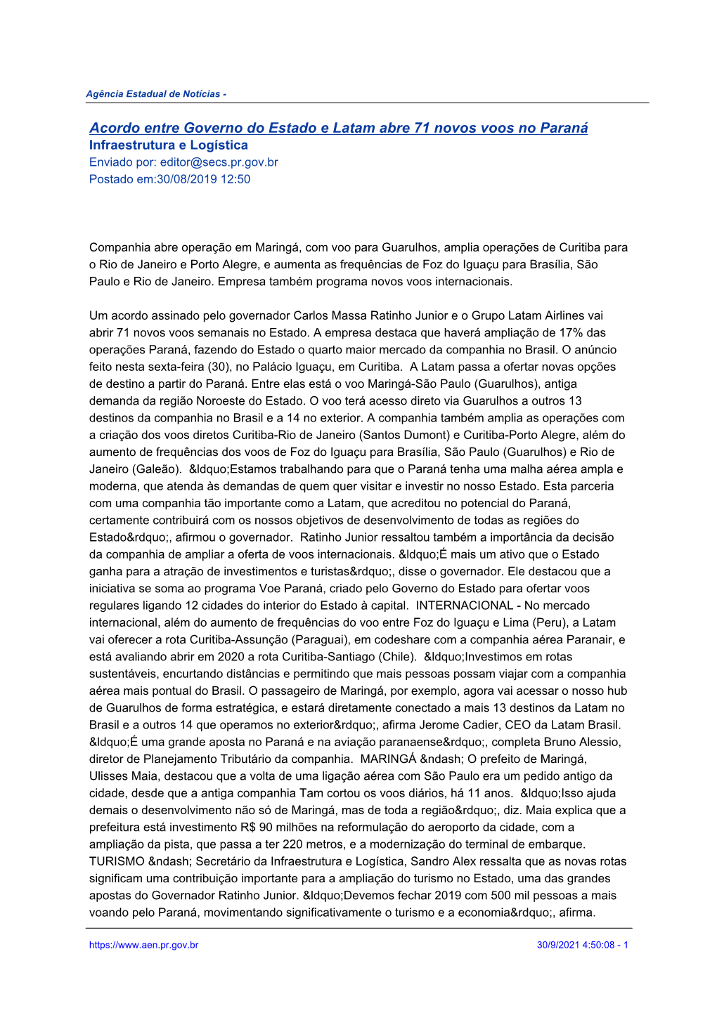 Acordo Entre Governo Do Estado E Latam Abre 71 Novos Voos No Paraná Infraestrutura E Logística Enviado Por: Editor@Secs.Pr.Gov.Br Postado Em:30/08/2019 12:50