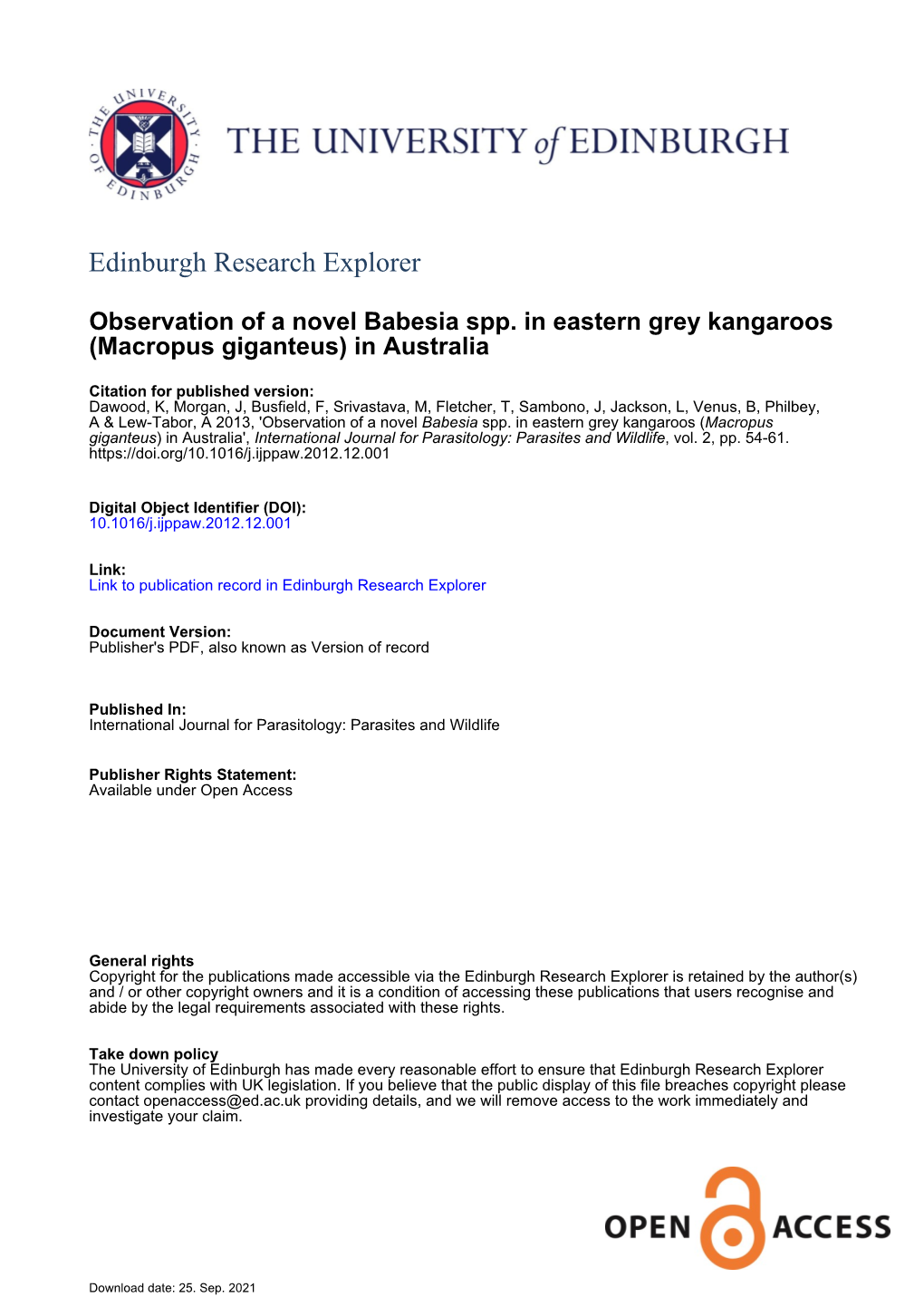 Observation of a Novel Babesia Spp. in Eastern Grey Kangaroos