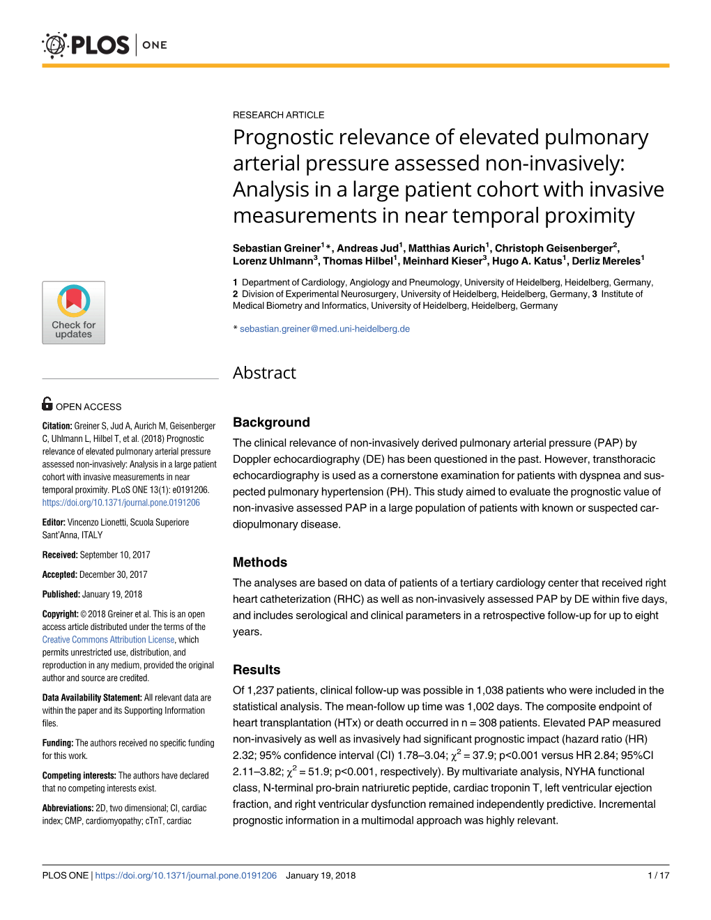 Prognostic Relevance of Elevated Pulmonary Arterial Pressure
