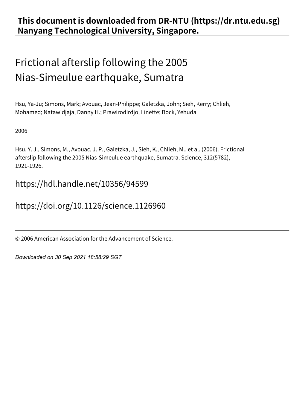 Frictional Afterslip Following the 2005 Nias‑Simeulue Earthquake, Sumatra