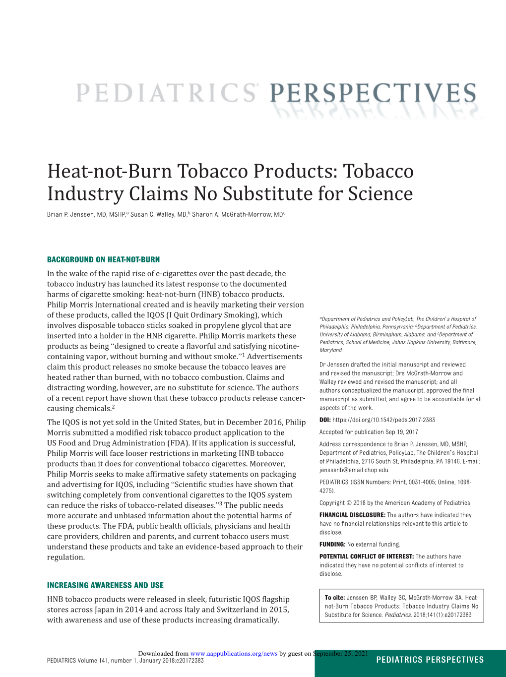 Heat-Not-Burn Tobacco Products: Tobacco Industry Claims No Substitute for Science Brian P