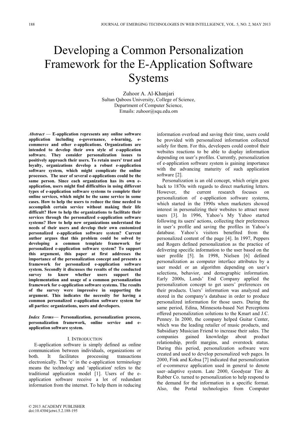 Developing a Common Personalization Framework for the E-Application Software Systems