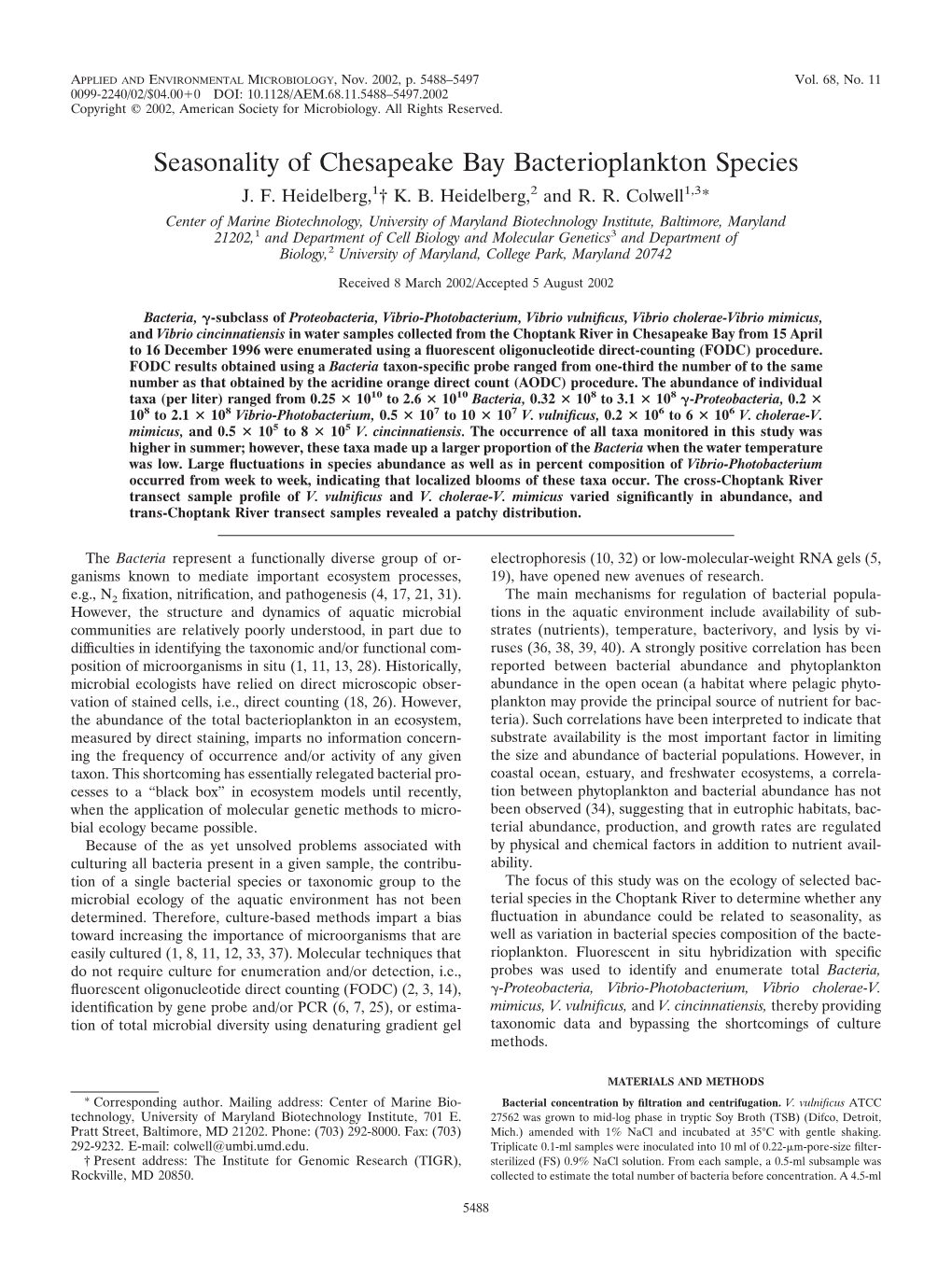 Seasonality of Chesapeake Bay Bacterioplankton Species J